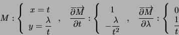 \begin{displaymath}M:\left\{ \begin{array}[c]{c} x=t\\ y=\dfrac{\lambda}{t}... ... \begin{array}[c]{c} 0\\ \dfrac{1}{t} \end{array} \right. \end{displaymath}