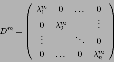 \begin{displaymath} D^{m}=\left( \begin{array}[c]{cccc} \lambda_{1}^{m} & 0 &... ... 0\\ 0 & \ldots & 0 & \lambda_{n}^{m} \end{array} \right) \end{displaymath}