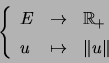 \begin{displaymath}\left\{ \begin{array}[c]{lll} E & \rightarrow & \mathbb{R}_... ... u & \mapsto & \left\Vert u\right\Vert \end{array} \right. \end{displaymath}