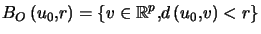 $\displaystyle B_{O}\left( u_{0},r\right) =\left\{ v\in\mathbb{R}^{p}, d\left( u_{0},v\right) <r\right\} $