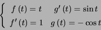 \begin{displaymath}\left\{ \begin{array}[c]{cc} f\left( t\right) =t & g^{\prim... ... t\right) =1 & g\left( t\right) =-\cos t \end{array} \right. \end{displaymath}
