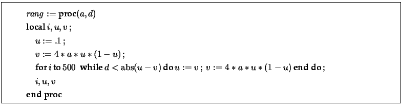 \fbox{\begin{minipage}{17cm} \begin{gather*} \mathit{rang} := \textbf{proc} (a... ...,; \\ \quad i, \,u, \,v \\ \textbf{end proc} \end{gather*} \end{minipage}}