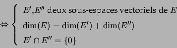 \begin{displaymath}\Leftrightarrow\left\{ \begin{array}[c]{l} E^{\prime},E^{\p... ... E^{\prime}\cap E^{\prime\prime}=\{0\} \end{array} \right. \end{displaymath}